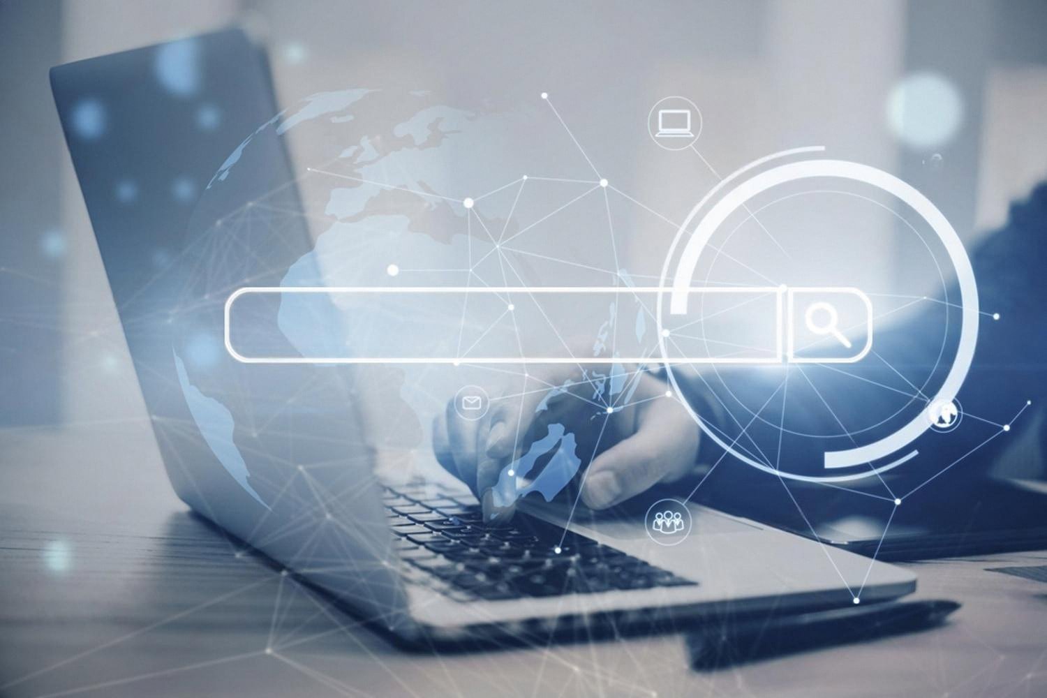 Laptop with search bar and globe illustrating domain name choice for UAE business